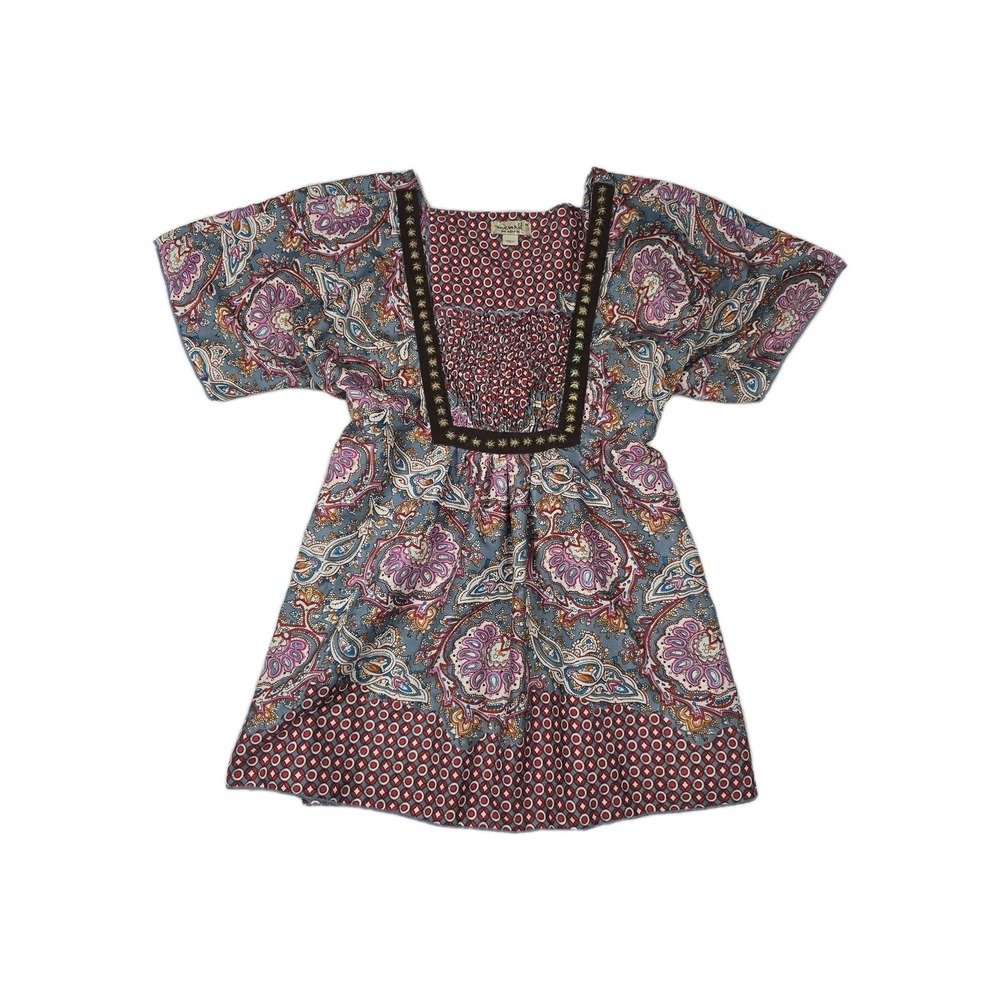 One World Womens Paisley Smocked Tunic Top Blue Red Short Sleeve Size Medium